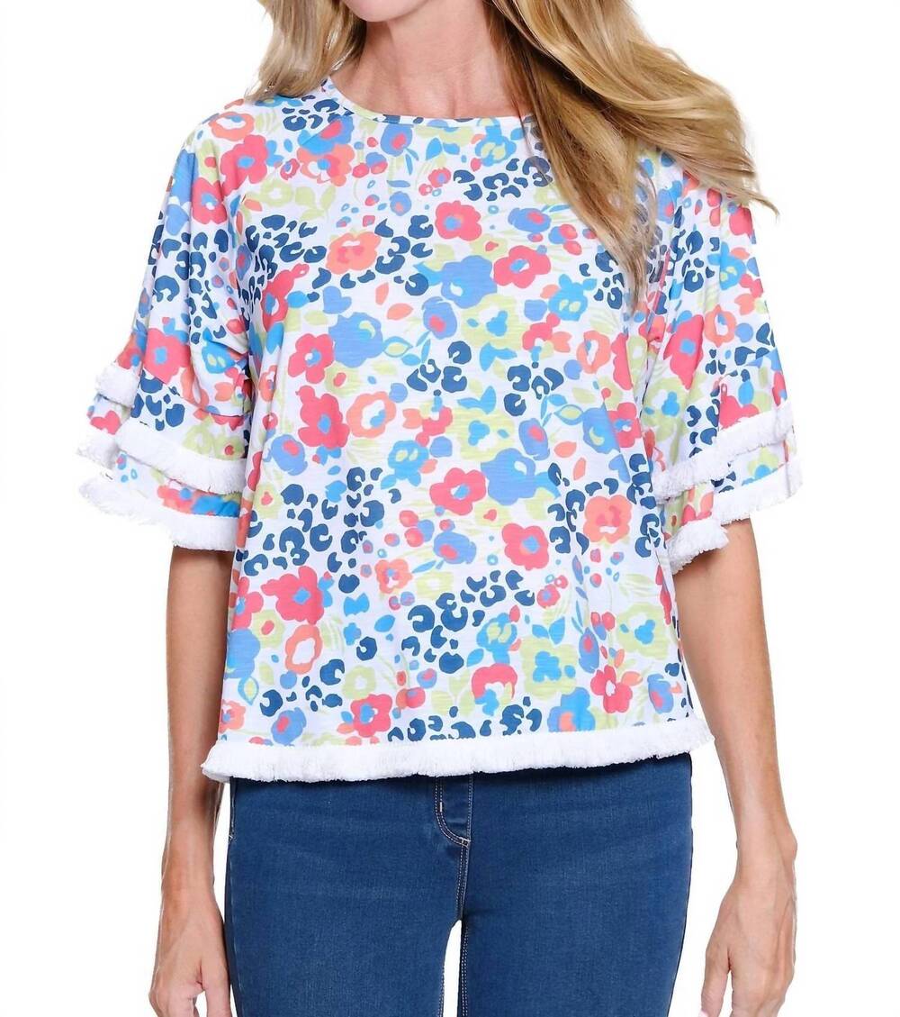 NEW MULTIPLES fringe hem raglan elbow sleeve top in multi